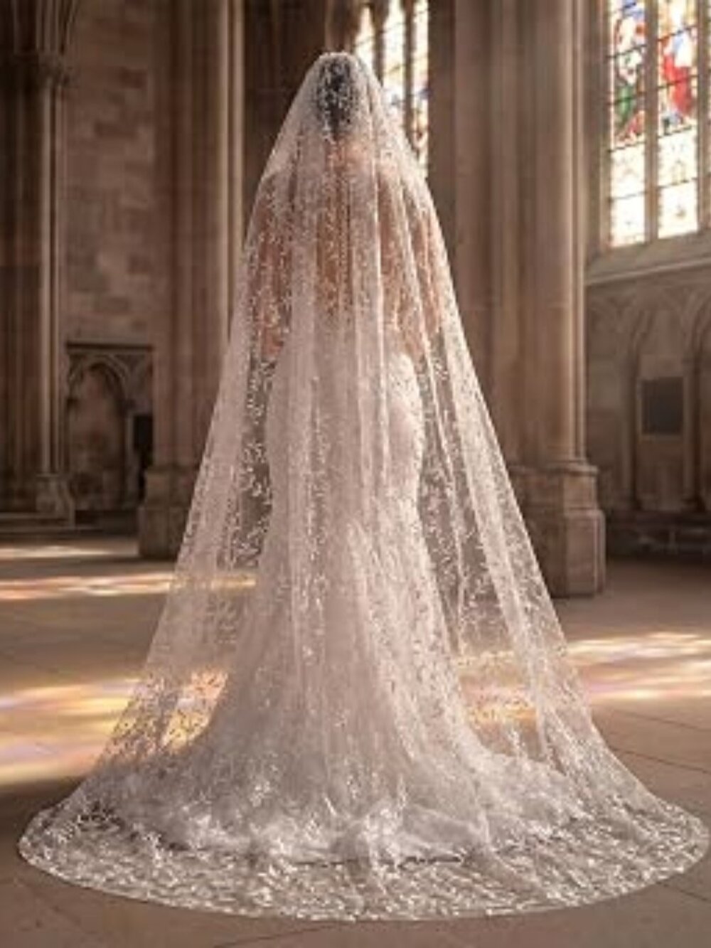One Tier Long Cathedral Lace Bridal Veil